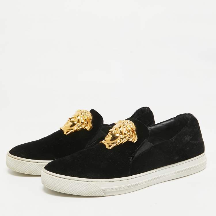 Pre Owned Versace Black Velvet Medusa Slip On Sneakers Size 41