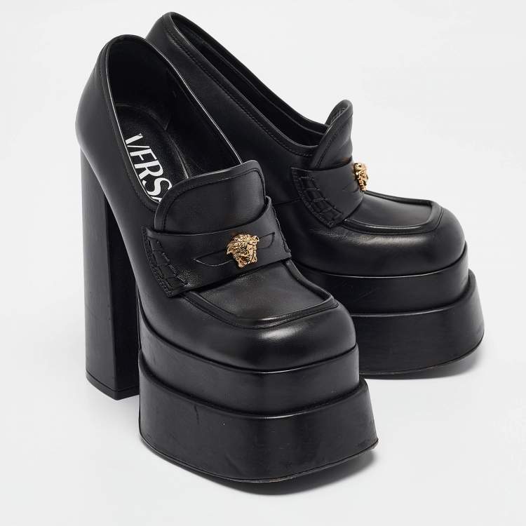 Pre Owned Versace Black Leather Aevitas Block Heel Pumps Size 36