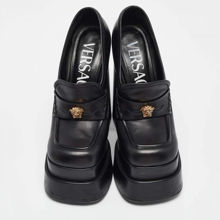 Pre Owned Versace Black Leather Aevitas Block Heel Pumps Size 36