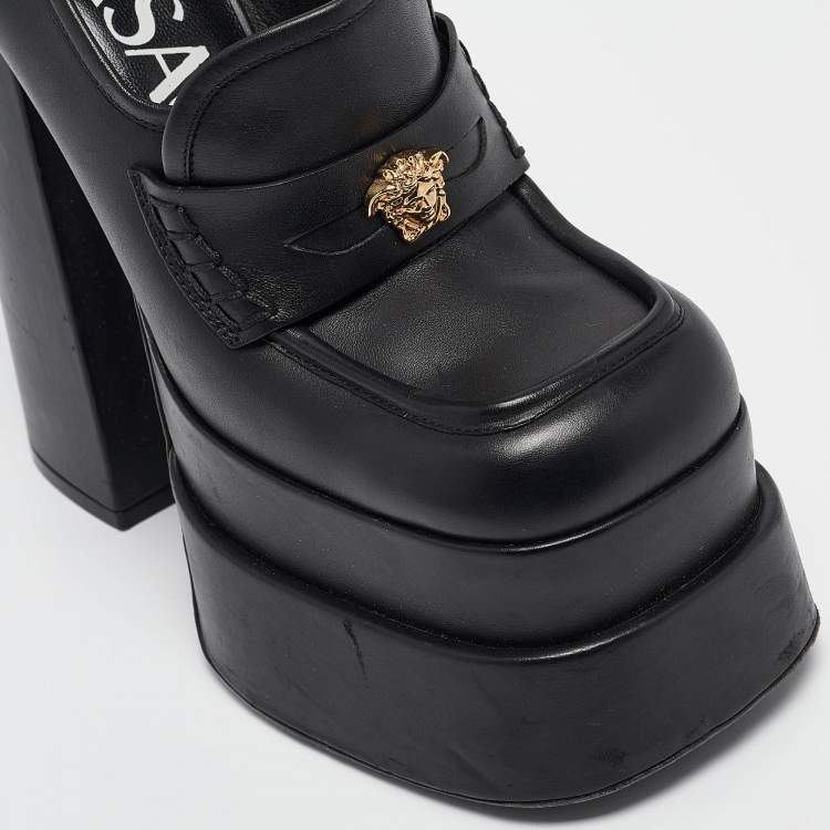 Pre Owned Versace Black Leather Aevitas Block Heel Pumps Size 36