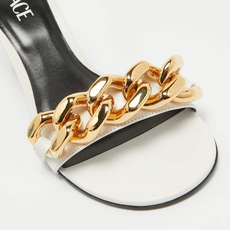 Pre Owned Versace White Leather Medusa Chain Slide Sandals Size 38.5