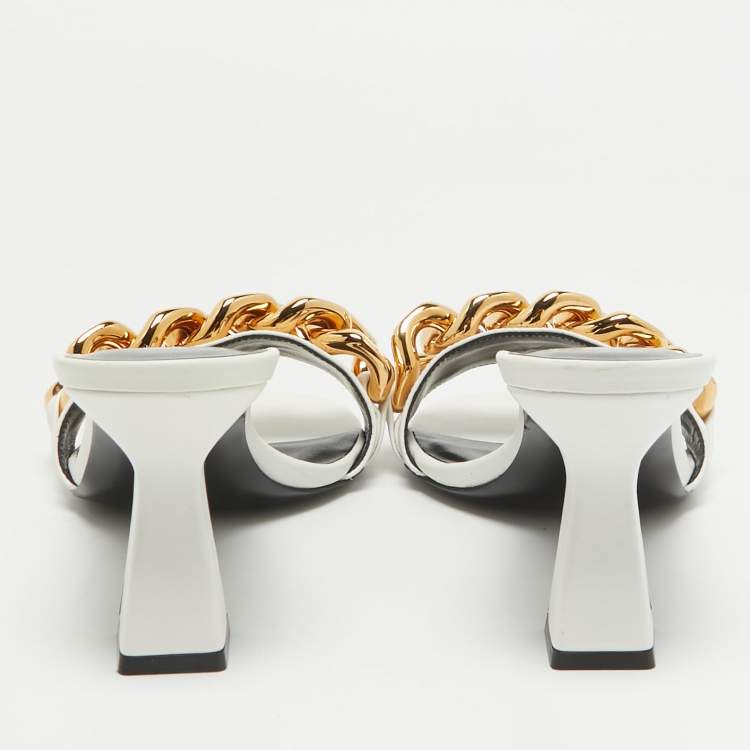 Pre Owned Versace White Leather Medusa Chain Slide Sandals Size 38.5
