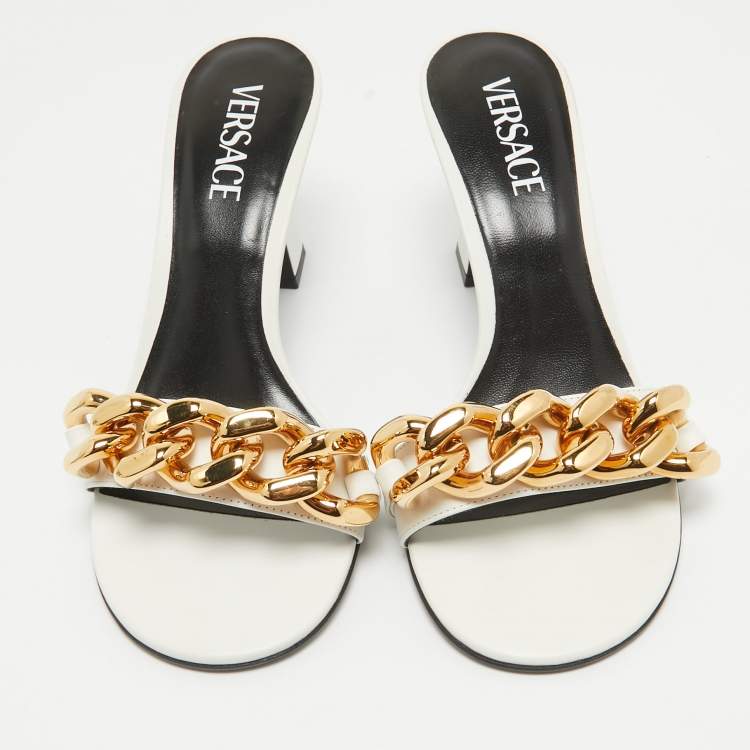 Pre Owned Versace White Leather Medusa Chain Slide Sandals Size 38.5