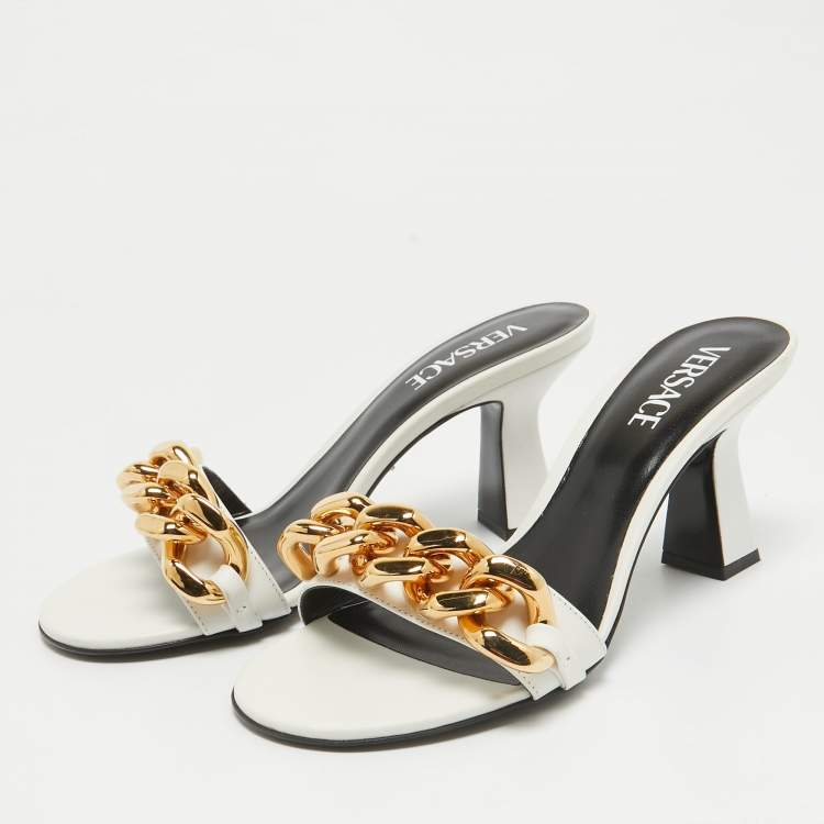 Pre Owned Versace White Leather Medusa Chain Slide Sandals Size 38.5