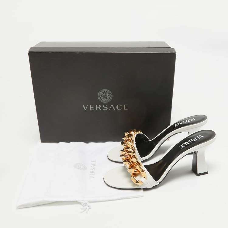 Pre Owned Versace White Leather Medusa Chain Slide Sandals Size 38.5