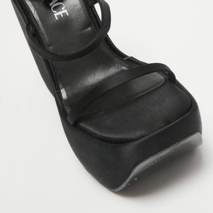 Pre Owned Versace Black Satin Platform Ankle Strap Sandals Size 36