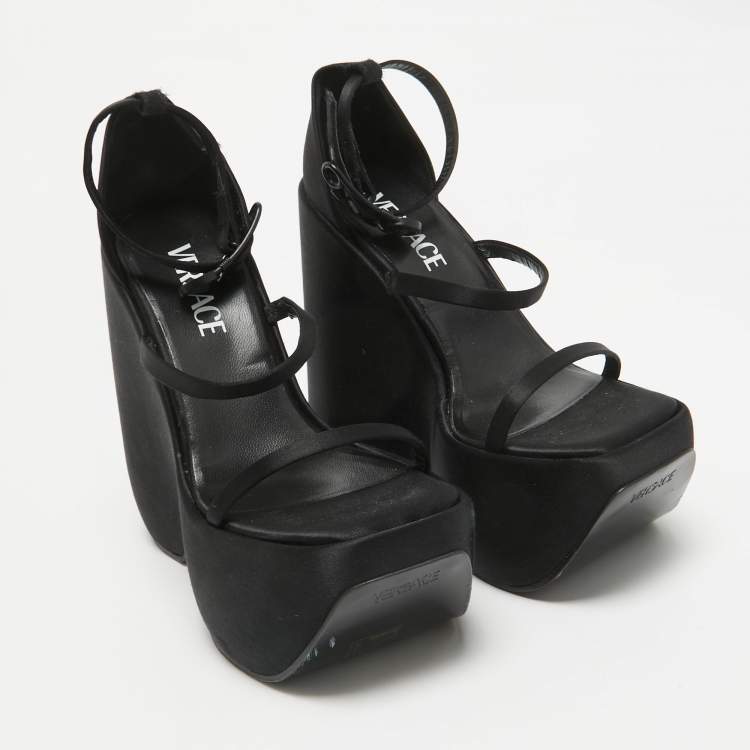 Pre Owned Versace Black Satin Platform Ankle Strap Sandals Size 36