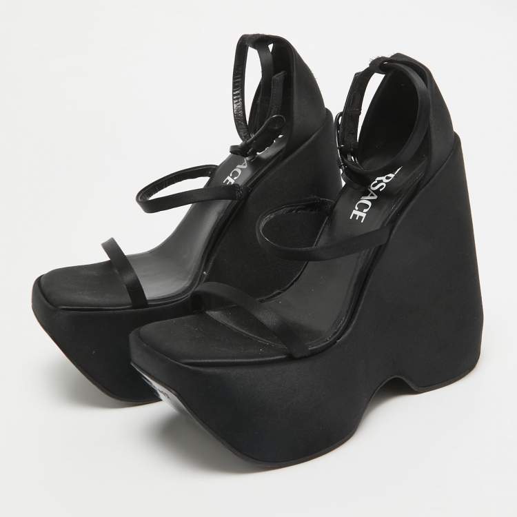 Pre Owned Versace Black Satin Platform Ankle Strap Sandals Size 36