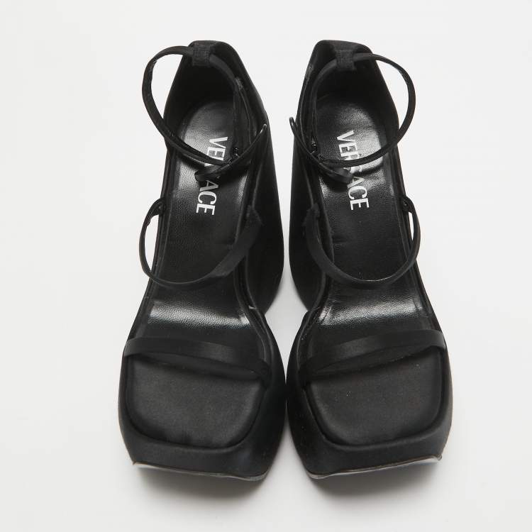 Pre Owned Versace Black Satin Platform Ankle Strap Sandals Size 36