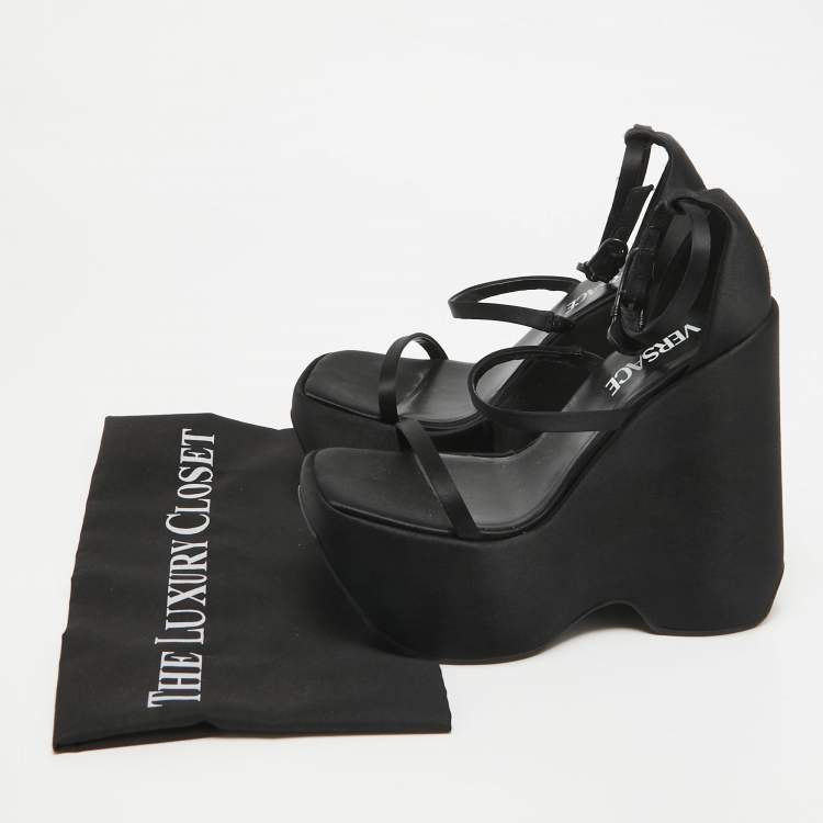 Pre Owned Versace Black Satin Platform Ankle Strap Sandals Size 36