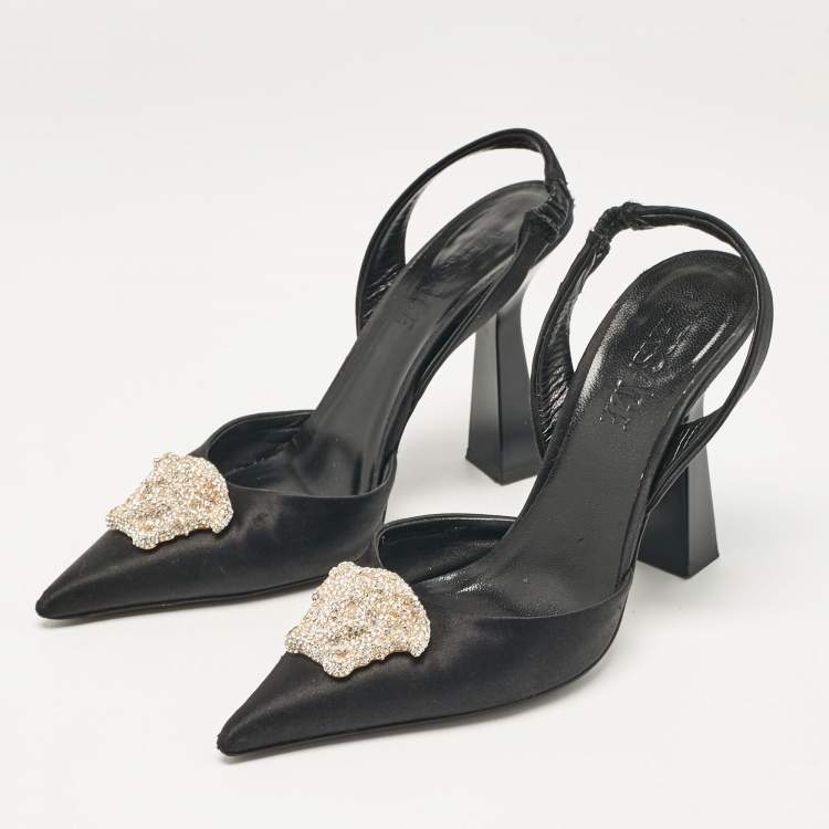 Pre Owned Versace Black Satin Crystal La Medusa Slingback Pumps Size 36