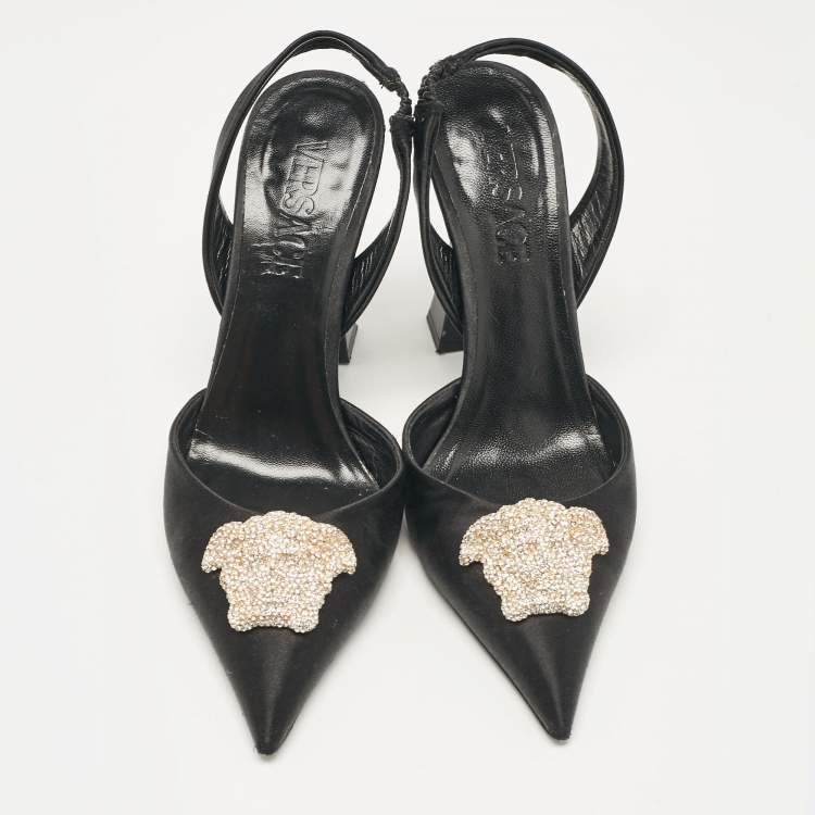 Pre Owned Versace Black Satin Crystal La Medusa Slingback Pumps Size 36