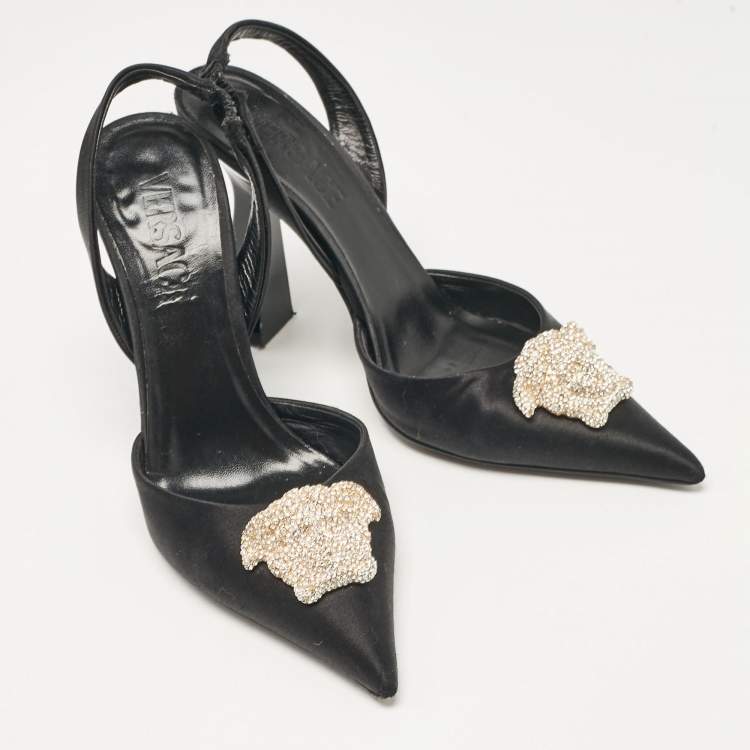 Pre Owned Versace Black Satin Crystal La Medusa Slingback Pumps Size 36