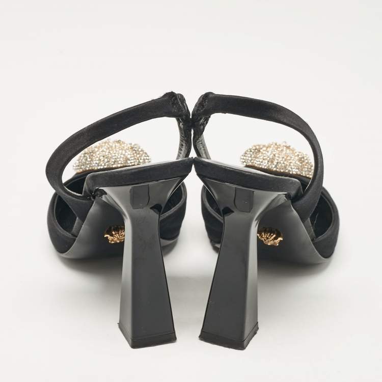 Pre Owned Versace Black Satin Crystal La Medusa Slingback Pumps Size 36