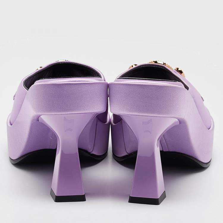 Pre Owned Versace Purple Satin Medusa Mules Size 38
