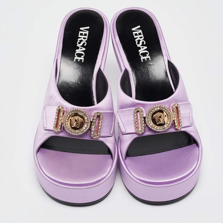 Pre Owned Versace Purple Satin Medusa Mules Size 38