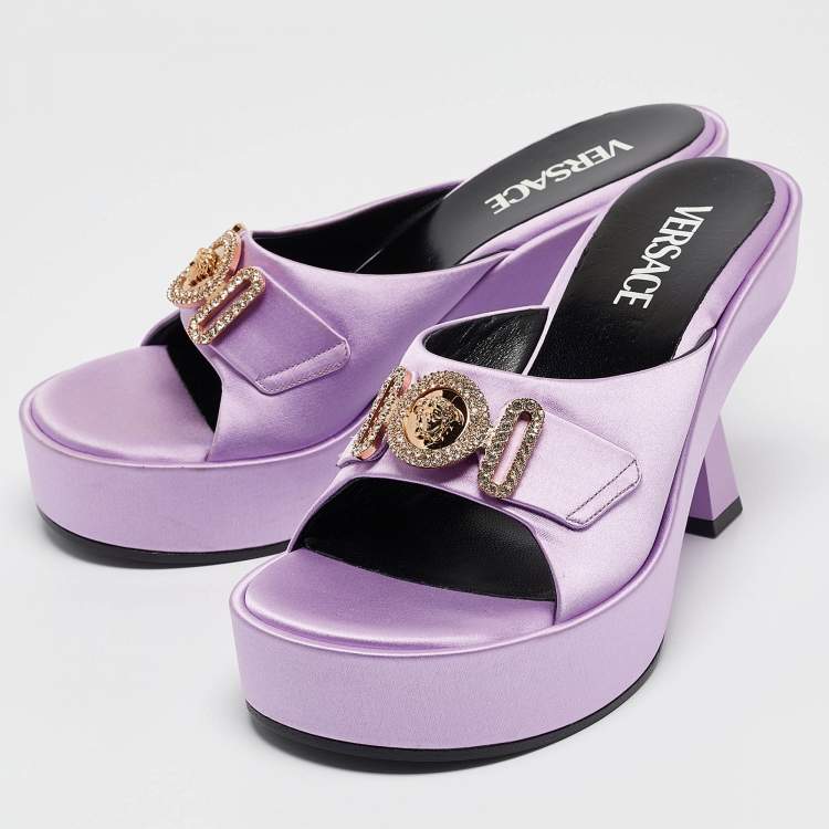 Pre Owned Versace Purple Satin Medusa Mules Size 38