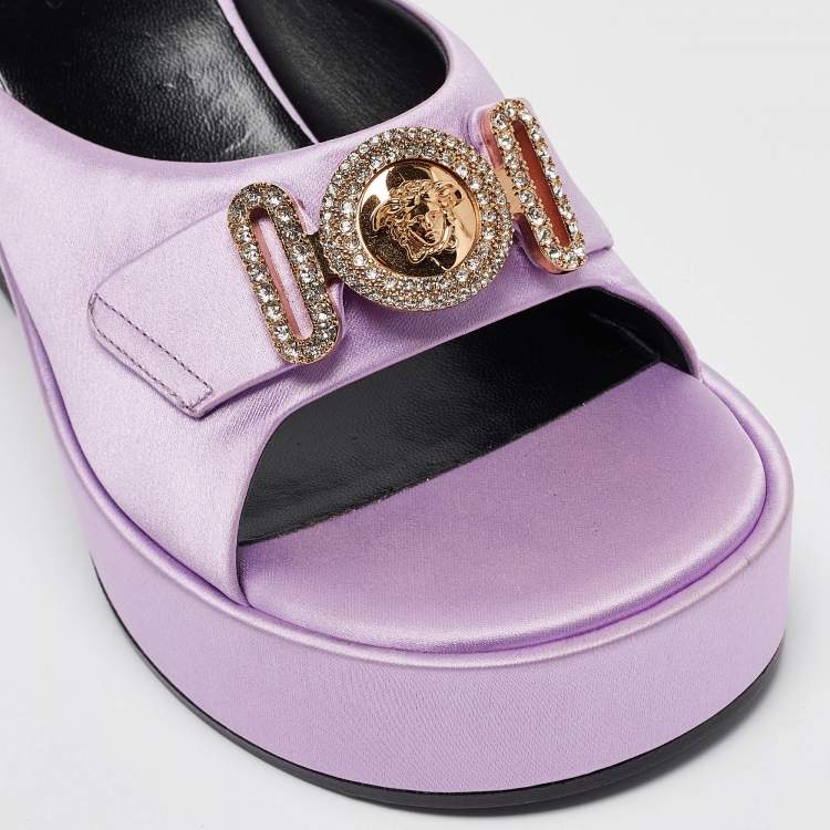 Pre Owned Versace Purple Satin Medusa Mules Size 38