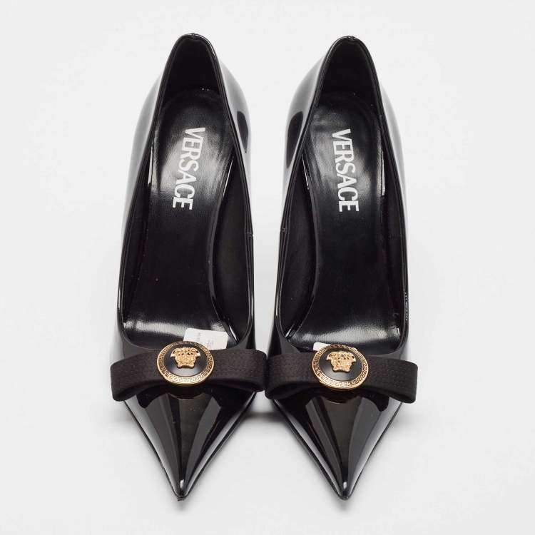 Pre Owned Versace Black Patent Leather Gianni Ribbon Pumps Size 38