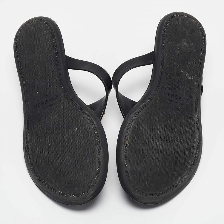 Pre Owned Versace Black Rubber Medusa Flat Slides Size 37