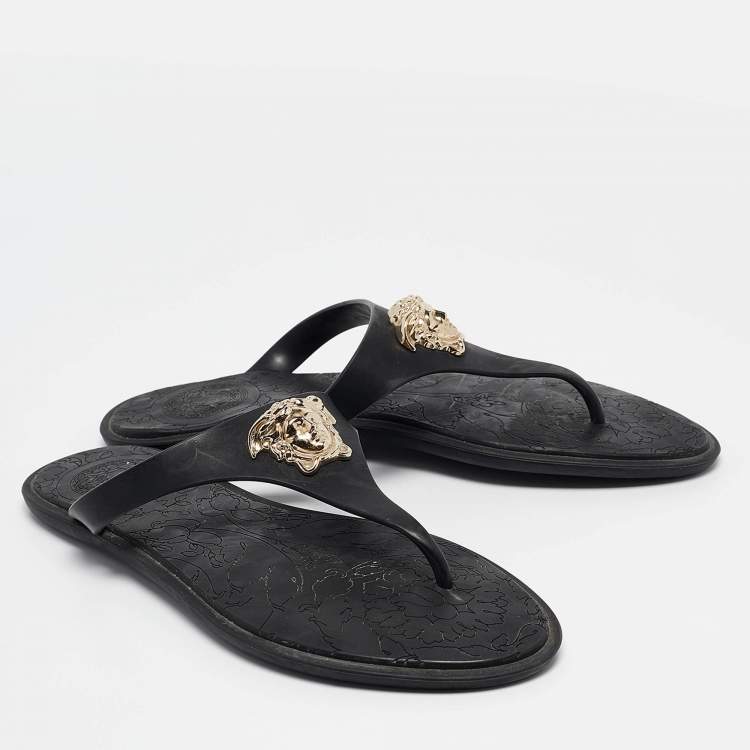 Pre Owned Versace Black Rubber Medusa Flat Slides Size 37