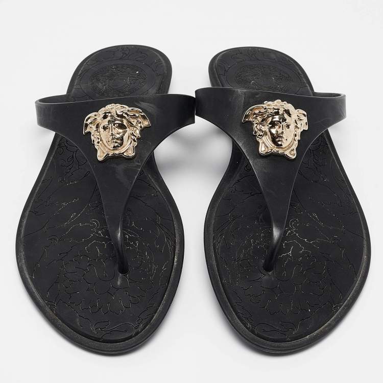 Pre Owned Versace Black Rubber Medusa Flat Slides Size 37