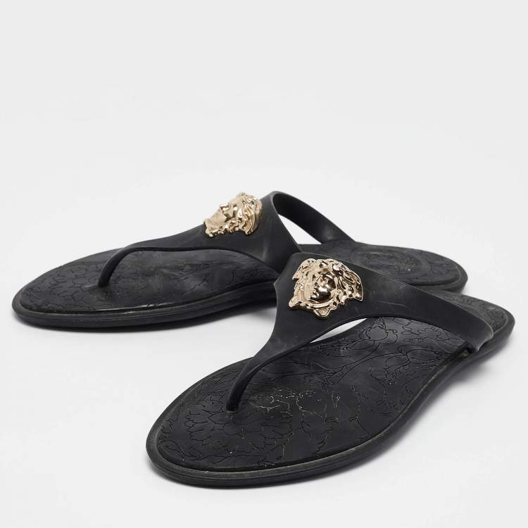 Pre Owned Versace Black Rubber Medusa Flat Slides Size 37