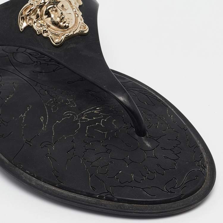 Pre Owned Versace Black Rubber Medusa Flat Slides Size 37