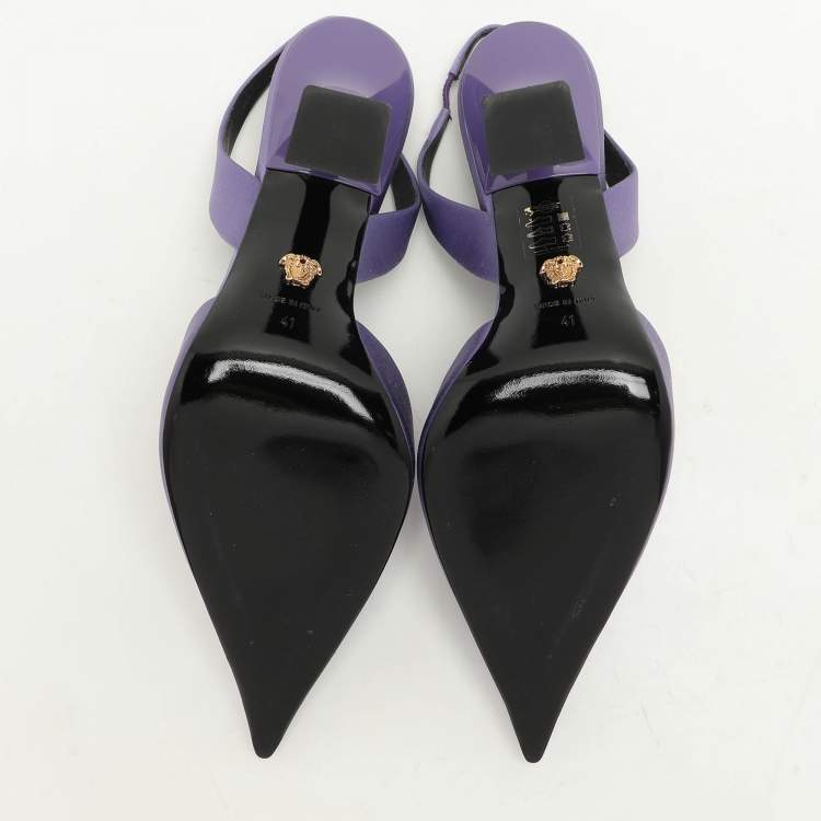 Pre Owned Versace Purple Satin Crystal Embellished La Medusa Slingback Pumps Size 41