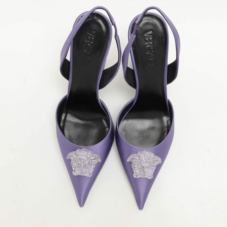 Pre Owned Versace Purple Satin Crystal Embellished La Medusa Slingback Pumps Size 41