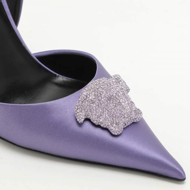 Pre Owned Versace Purple Satin Crystal Embellished La Medusa Slingback Pumps Size 41