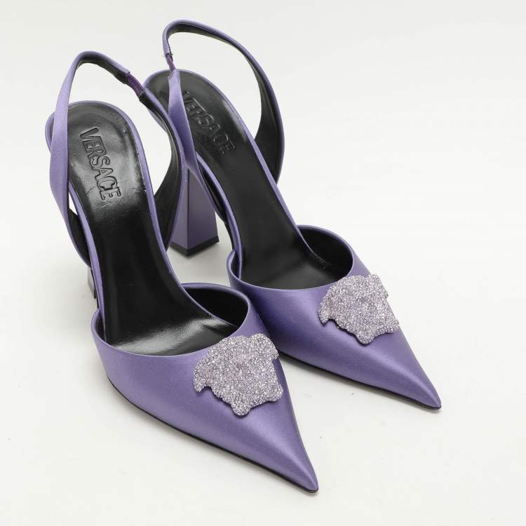 Pre Owned Versace Purple Satin Crystal Embellished La Medusa Slingback Pumps Size 41