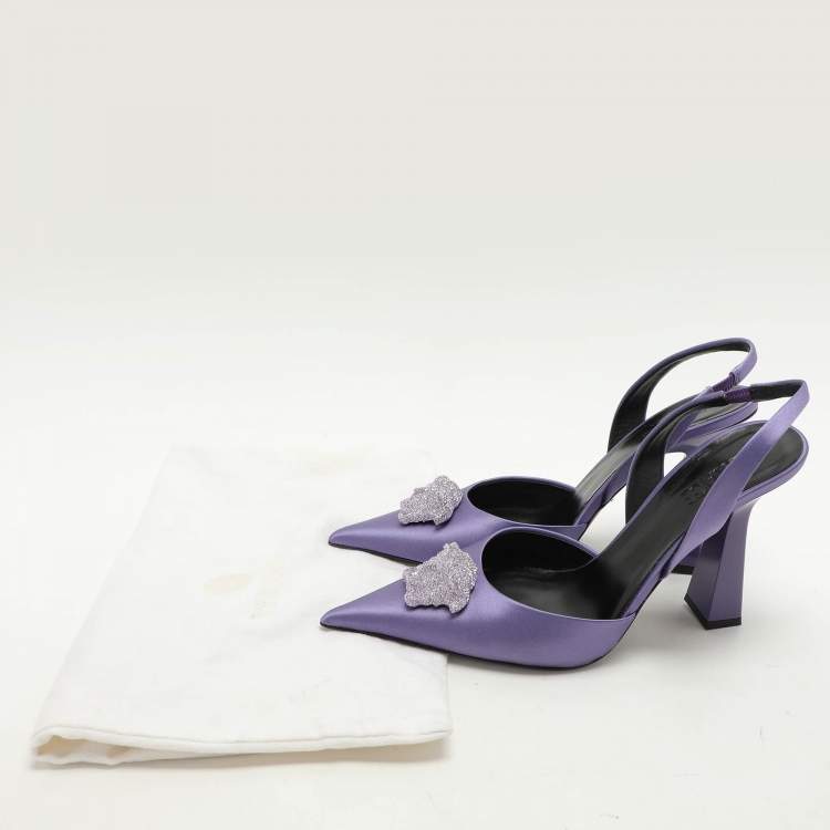 Pre Owned Versace Purple Satin Crystal Embellished La Medusa Slingback Pumps Size 41