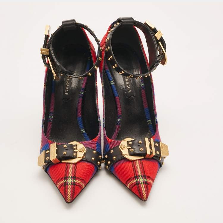Pre Owned Versace Multicolor Check Canvas Medusa Pointed Toe Ankle Strap Pumps Size 38