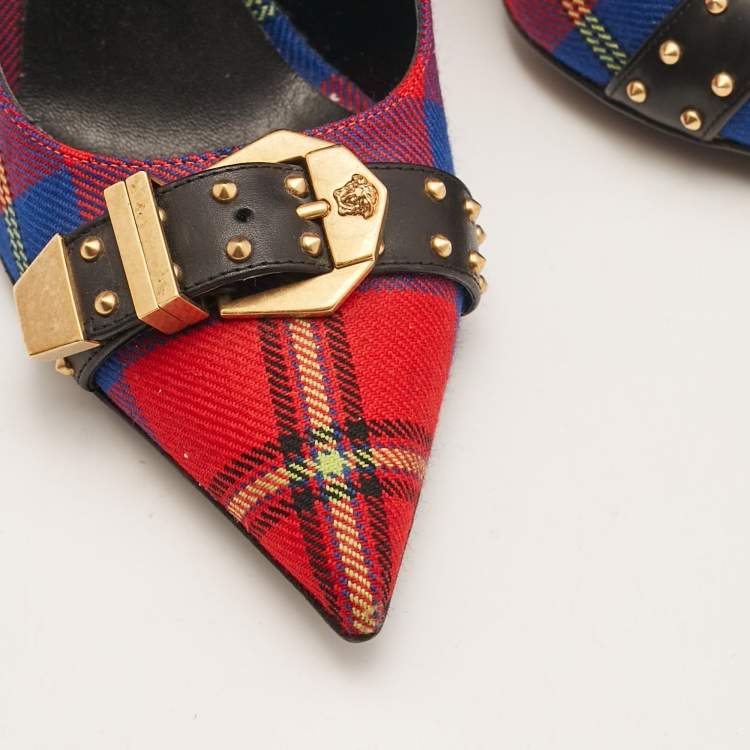 Pre Owned Versace Multicolor Check Canvas Medusa Pointed Toe Ankle Strap Pumps Size 38