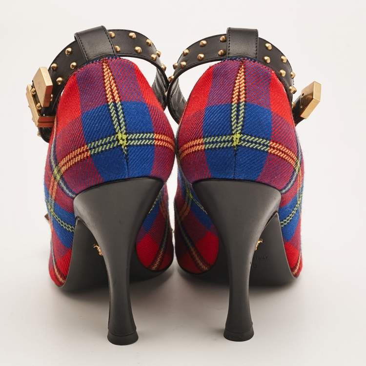 Pre Owned Versace Multicolor Check Canvas Medusa Pointed Toe Ankle Strap Pumps Size 38