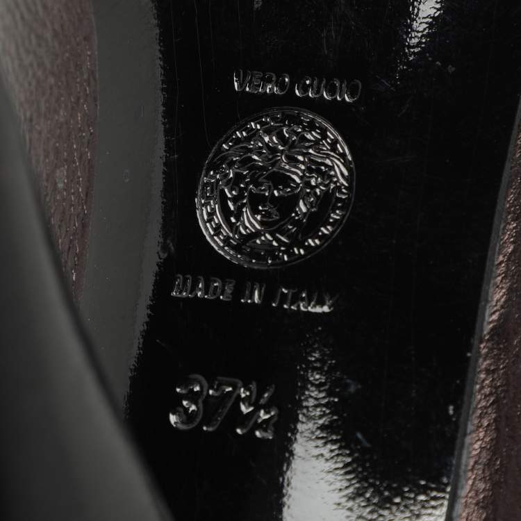 Pre Owned Versace Metallic Brown Leather Medusa Block Heel Pumps Size 37.5