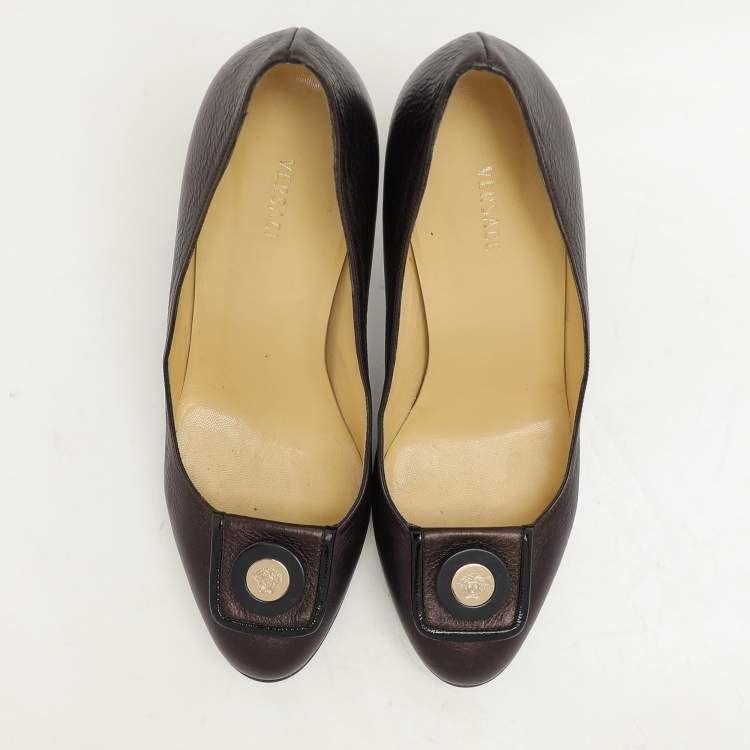 Pre Owned Versace Metallic Brown Leather Medusa Block Heel Pumps Size 37.5