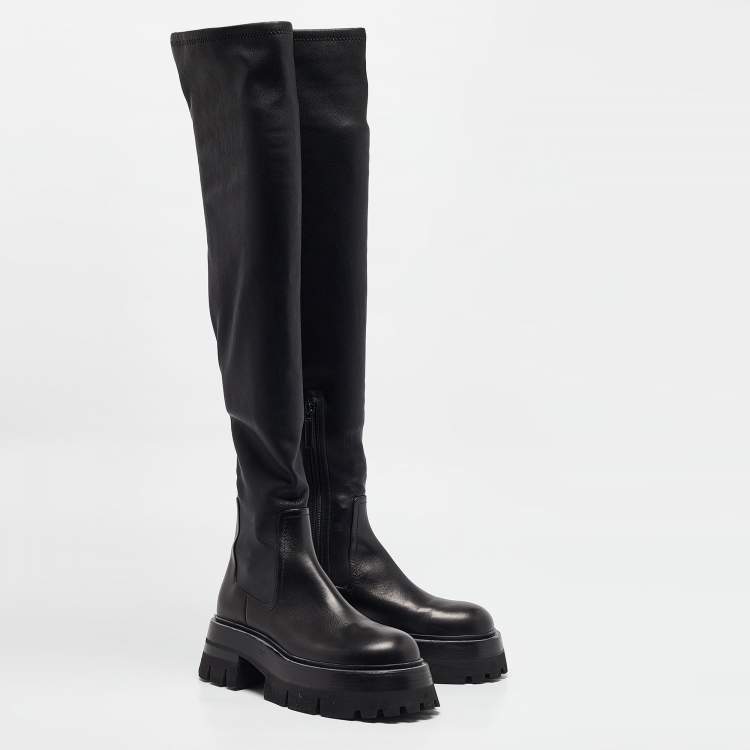 Pre Owned Versace Black Leather Over The Knee Boots Size 37