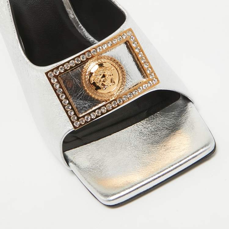 Pre Owned Versace Silver Leather le Medusa Slingback Sandals Size 38