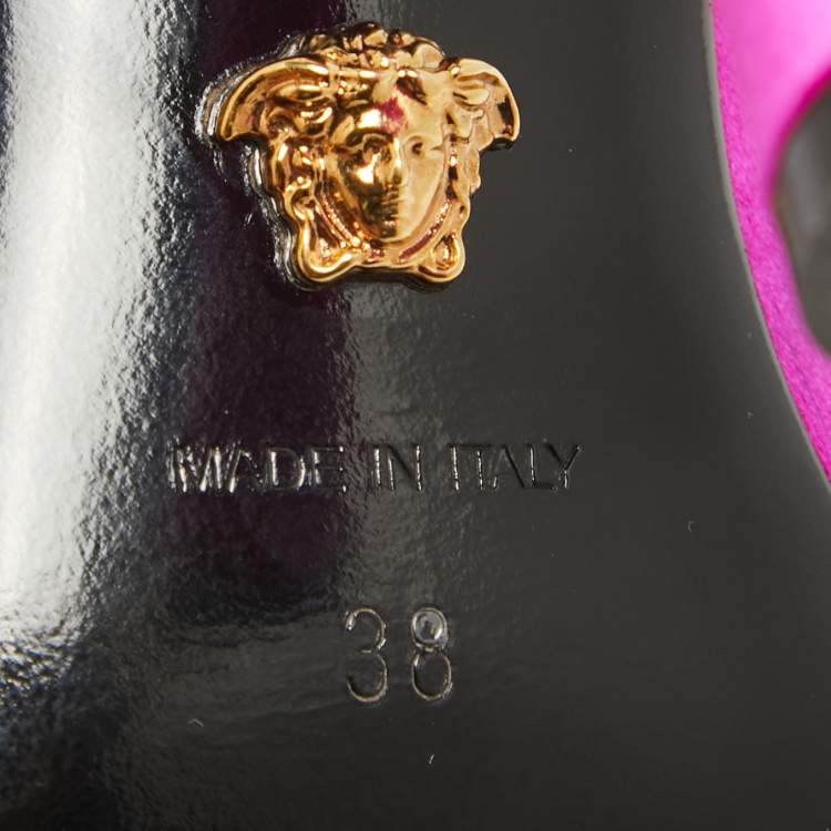 Pre Owned Versace Pink Satin Crystal Embellishments Medusa Slingback Sandals Size 38