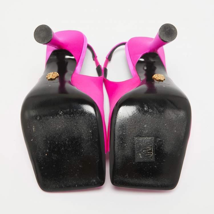 Pre Owned Versace Pink Satin Crystal Embellishments Medusa Slingback Sandals Size 38