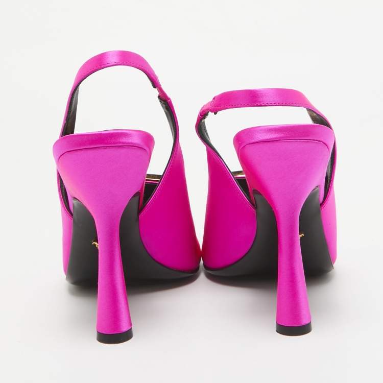 Pre Owned Versace Pink Satin Crystal Embellishments Medusa Slingback Sandals Size 38