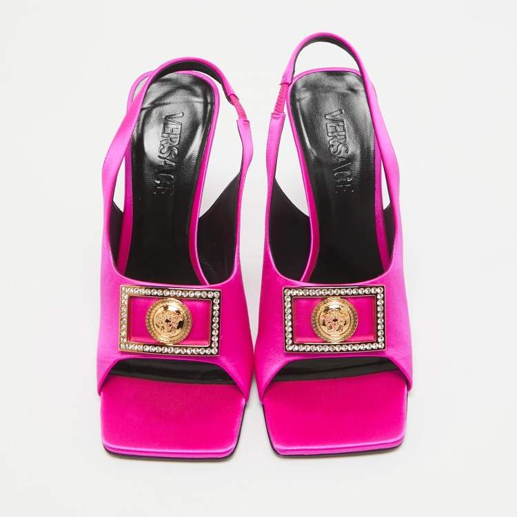 Pre Owned Versace Pink Satin Crystal Embellishments Medusa Slingback Sandals Size 38