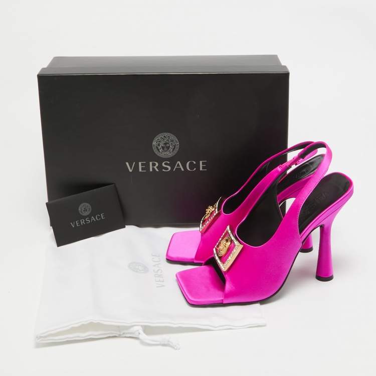 Pre Owned Versace Pink Satin Crystal Embellishments Medusa Slingback Sandals Size 38
