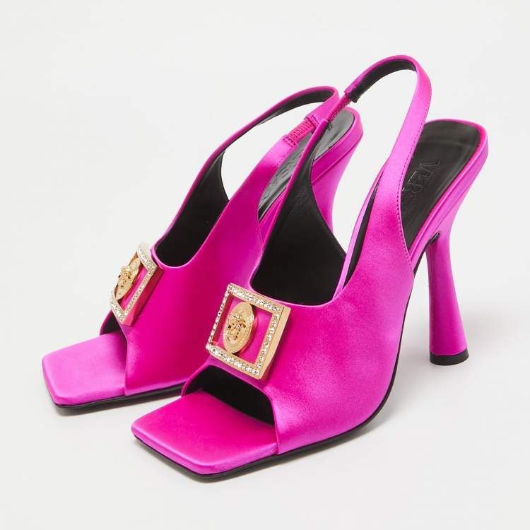 Pre Owned Versace Pink Satin Crystal Embellishments Medusa Slingback Sandals Size 38