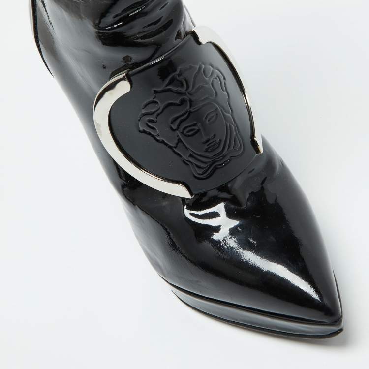 Pre Owned Versace Black Patent Leather Medusa Stamp Mid Calf Boots Size 35