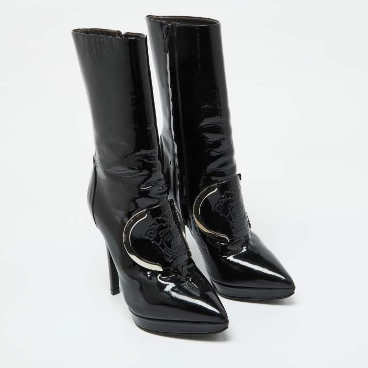 Pre Owned Versace Black Patent Leather Medusa Stamp Mid Calf Boots Size 35