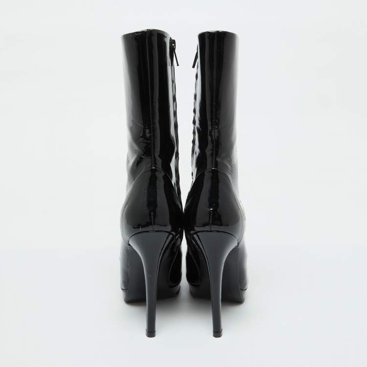 Pre Owned Versace Black Patent Leather Medusa Stamp Mid Calf Boots Size 35