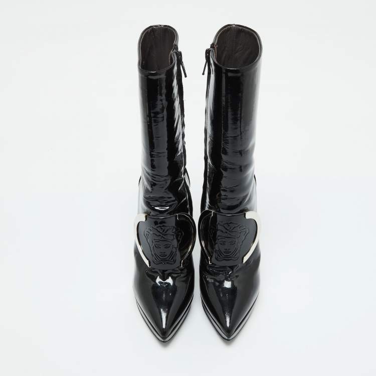 Pre Owned Versace Black Patent Leather Medusa Stamp Mid Calf Boots Size 35